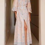 Long Sleeves Loose Belted Buttoned Contrast Color Printed Split-Joint Split-Side Lapel Maxi Dresses Shirt Dress