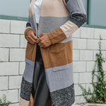 Knitted Color Block Open Front Long Cardigan