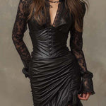 Black Faux Leather Corset Maxi Dress With Lace Sleeves