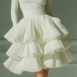 Women's White Stretch Knit Fabric Turtleneck Long-Sleeve Top & Chiffon Tiered Pleated Mini Skirt Set