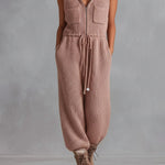 Utility Blush Knit Sleeveless Jumpsuit  With Drawstring Waist & Pockets