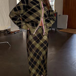 Holiday plaid Satin Unique Print Patchwork Lace Stretch Waist Draped Maxi Skirt