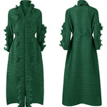 Original Loose Long Sleeves Tied Pleated Falbala Solid Color V-Neck Maxi Dresses