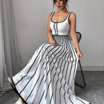 A-Line Sleeveless Contrast Color Pleated Split-Joint Striped Spaghetti-Neck Maxi Dresses