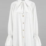 A-Line Flared Sleeves Buttoned Elasticity Pleated Solid Color Tied Zipper Stand Collar Mini Dresses