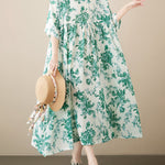 Loose Short Sleeves Floral Printed Pleated Split-Joint Round-Neck Midi Dresses