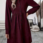A-Line Elasticated Waist Belted Buttoned Pleated Solid Color Split-Joint Stand Collar Midi Dresses Shirt Dress
