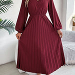 A-Line High Waisted Elasticity Pleated Solid Color V-Neck Maxi Dresses