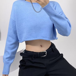 Round Neck Solid Color Loose Casual Long Sleeve Super Short Knitted Sweater