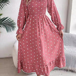High Waisted Long Sleeves Pleated Polka Dot Ruffled Square-Neck Maxi Dresses Shirt Dress