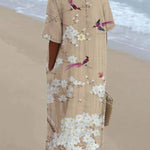 Women's Japanese Art Floral Bird Print Pocket Linen Dress(Convertible Dress With Front And Back Option)