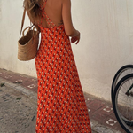 Orange Short Sleeve Regular Print Long Suspender Dress