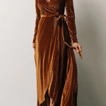 Chestnut Ribbed Velvet Wrap Long Sleeve Maxi Dress