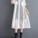 Half Sleeves Loose Hollow Solid Color Split-Joint Zipper Lapel Midi Dresses Shirt Dress