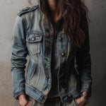 Washed And Faded Utility Denim Jacket With Epaulettes