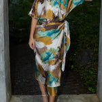 Cityscape Moment Satin Tie Dye Print Half Sleeve Wrap Midi Dress