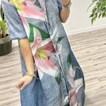 Faux Denim Fabric Orchid Print Pocketed Shirt Maxi Dress