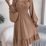 A-Line Elasticated Waist Pleated Ruffled Solid Color Square-Neck Midi Dresses
