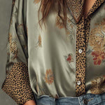Satin Floral Button-Down Shirt With Leopard Trim