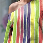 Long Sleeves Loose Contrast Color Striped One-Shoulder T-Shirts Tops