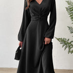 A-Line High Waisted Elasticity Knot Pleated Solid Color V-Neck Midi Dresses