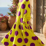 Long Sleeves Loose Big Hemline Contrast Color Pleated Polka Dot Split-Joint Half Turtleneck Maxi Dresses