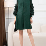Long Sleeves Loose Embroidered Pleated Solid Color Round-Neck Midi Dresses