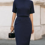 Sleek Navy Mandarin Collar Two-Piece Suit Set