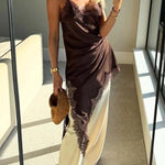 Elouise Satin Lace Trim V-neck Asymmetrical Hem Slip Mini Dress