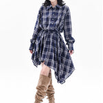 High-Low Irregularity Elasticity Plaid Lapel Collar Midi Dresses