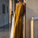Loose Sleeveless Contrast Color Pockets Split-Joint Spaghetti-Neck Maxi Dresses
