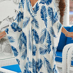 Batwing Sleeves Loose Leaves Print Split-Joint Split-Side Sun Protection V-Neck Beach Cover-Up Maxi Dresses