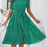 A-Line Elasticated Waist Contrast Color Polka Dot Split-Joint Tied Waist Round-Neck Midi Dresses