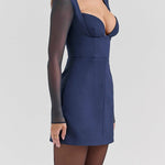 Deep V Neck Mesh Patchwork Long Sleeve A-Line Mini Dresses-Blue [Pre Order]