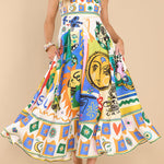 Joyful Glow Goddess Linen Blend Unique Print Pocketed Smocked Back Midi Dress