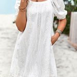 Loose Puff Sleeves Jacquard Solid Color Square-Neck Mini Dresses