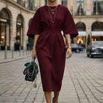 Batwing Sleeves Elasticated Waist Pleated Solid Color Split-Joint Round-Neck Midi Dresses