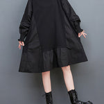 Loose Puff Sleeves Pleated Solid Color Split-Joint Round-neck Midi Dresses