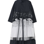 A-Line Long Sleeves Buttoned Gauze Printed Split-Joint Lapel Midi Dresses