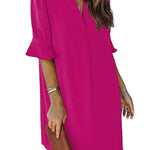 A-Line Flared Sleeves Pleated Ruffled Solid Color Split-Joint V-Neck Mini Dresses