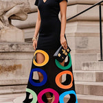 A-Line High Waisted Contrast Color Hollow V-Neck Maxi Dresses