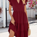 Loose Ruffle Sleeves Pleated Pockets Solid Color Split-Joint V-Neck Midi Dresses