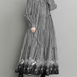 Vintage Loose Striped Buttoned Stand Collar Long Sleeves Midi Dress