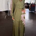Eye-catching Work Contrast Color Lace Trim Button Up Long Sleeve Loose Blouse