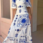 A-Line High Waisted Contrast Color Pleated Printed Ruffled Split-Joint Square-Neck Midi Dresses