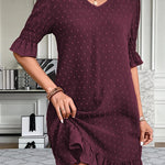 A-Line Flared Sleeves Elasticity Jacquard Pleated Solid Color Split-Joint V-Neck Mini Dresses