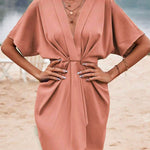 Loose Raglan Sleeve Pleated Solid Color Split-Joint Deep V-Neck Mini Dresses