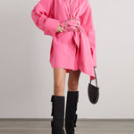 Long Sleeves Loose Belted Buttoned Lapel Mini Dresses Shirt Dress