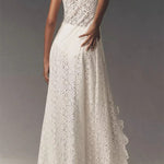 Elegance Avant-garde Floral Lace Short Sleeve High Low Top and High Rise Wide Leg Pants Set