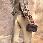 Leopard Print Crew Neck Loose Top and Elastic Waist Casual Wide-leg Pants Set